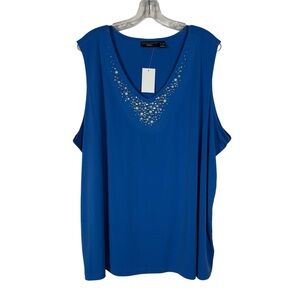 Susan Graver Artisan Stretch Blue Beaded Rhinestone Detail V-Neck Sleeveless Top